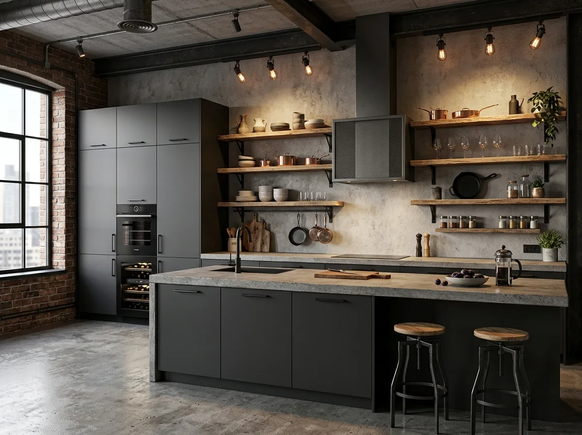 Styl industrialny — grafitowe fronty, surowe drewno, beton
